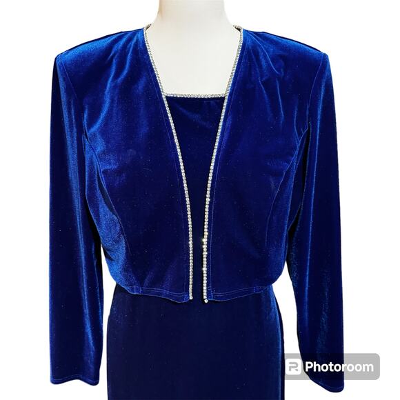 Vintage 90s Royal Blue Velvet Maxi Dress Jacket Set Size M Rhinestone Trim Prom - Picture 1 of 11